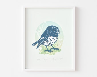 Tomtit  |  8 x 10in  |  Linocut  |  Linoprint  |  Home Decor  |  Wall Art  |  NZ Native Bird Art  |  Original Handmade Artwork