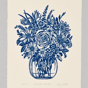 Market Bunch A4 Linocut Linoprint Home Decor Wall Art Floral Print Flowers Original Handmade Artwork Blue on cream