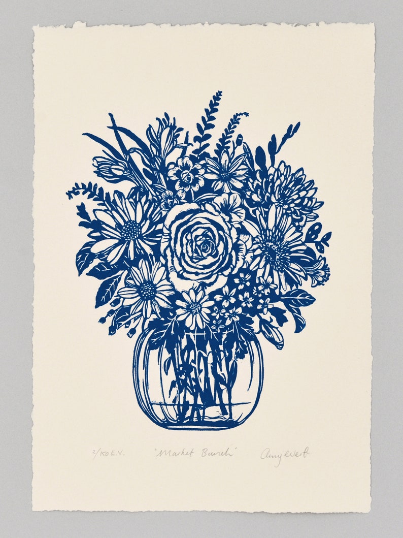 Market Bunch A4 Linocut Linoprint Home Decor Wall Art Floral Print Flowers Original Handmade Artwork Blue on cream