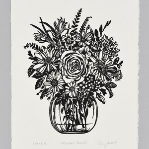 Market Bunch A4 Linocut Linoprint Home Decor Wall Art Floral Print Flowers Original Handmade Artwork Black on white