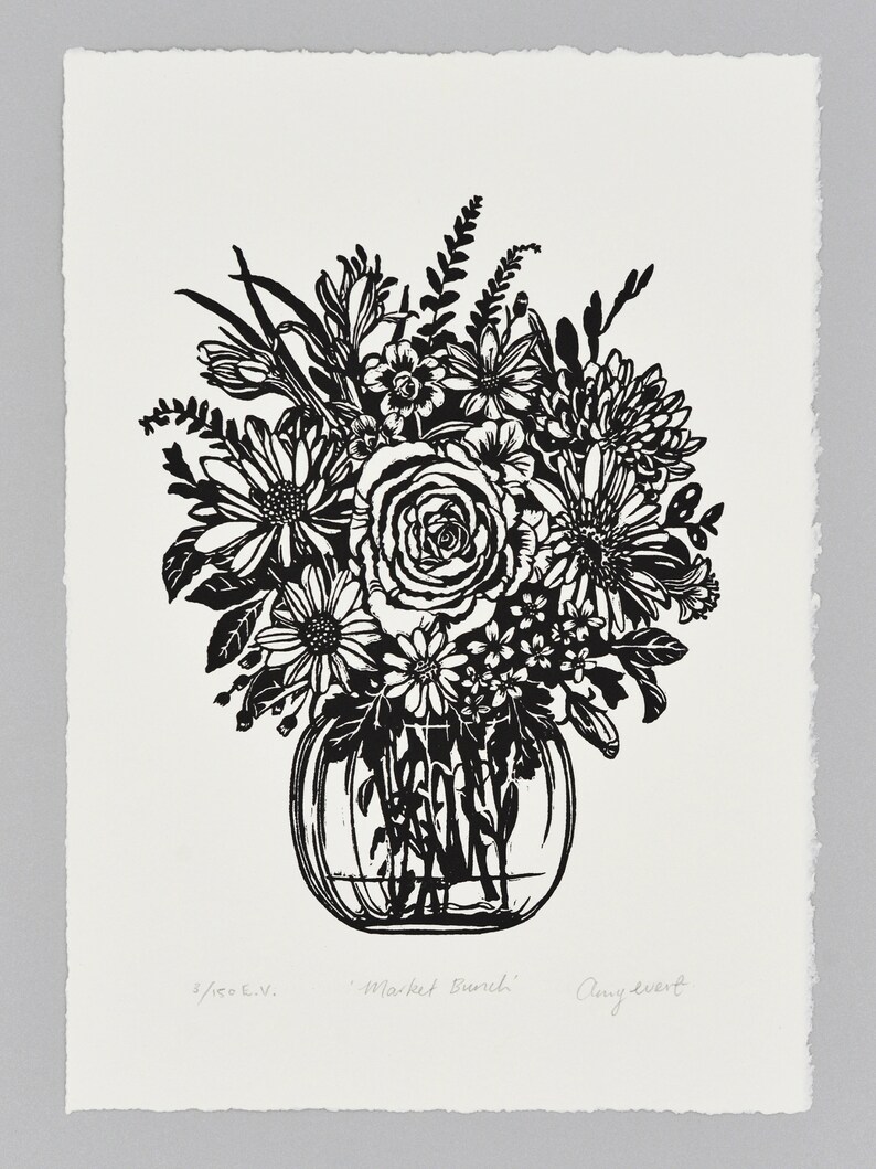 Market Bunch A4 Linocut Linoprint Home Decor Wall Art Floral Print Flowers Original Handmade Artwork Black on white