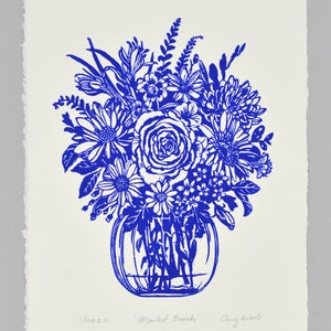 Market Bunch A4 Linocut Linoprint Home Decor Wall Art Floral Print Flowers Original Handmade Artwork Ultramarine on white