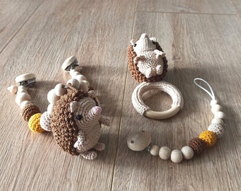 Kinderwagenkette, Schnullerkette und Greifling im Igel Design