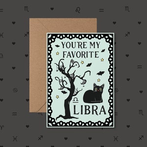Cartão de aniversário do zodíaco Libra, cartão de aniversário, Libra, cartão de aniversário de Halloween, cartões de Halloween, cartões de gato, temporada de Libra