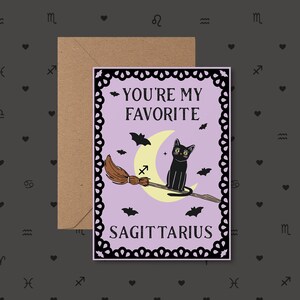 Cartão de aniversário do zodíaco Sagitário, cartão de aniversário, Sagitário, cartão de aniversário de Halloween, cartões de Halloween, cartões de gato, temporada de Sagitário