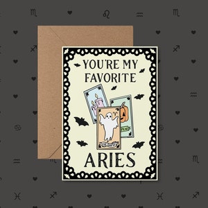 Cartão de aniversário do zodíaco de Áries, cartão de aniversário, Áries, cartão de aniversário de Halloween, cartões de Halloween, cartões de gato, temporada de Áries