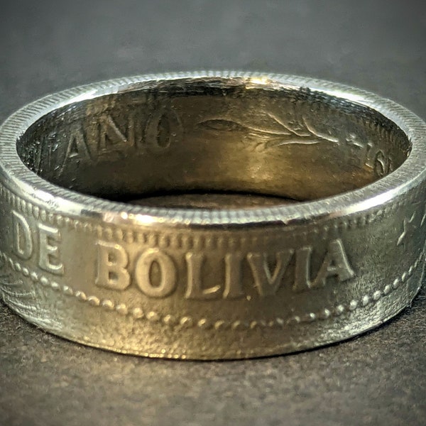 Handgefertigter Bolivien Münzring in Silberfarbe - Personalisierbare Gravur möglich!