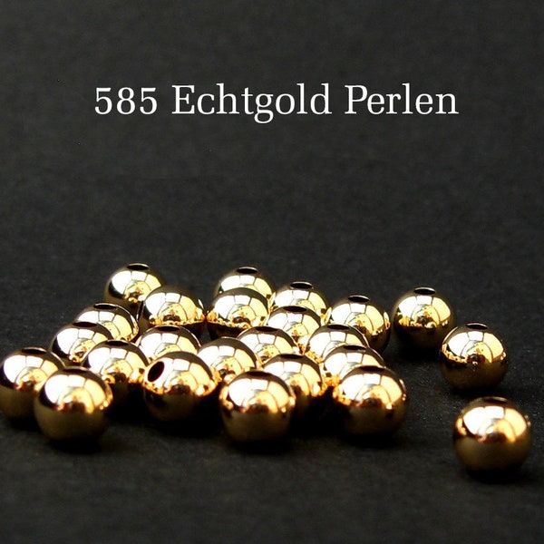 1 Echtgold Kugeln 585 Gelbgold Perlen schwer durchbohrt 2 Loch Kugeln für Armbänder 14K solid gold verschiedene Größen