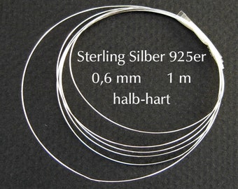 925 Silber Draht 0,6 mm halb-hart 1 m, Sterling silver wire rund