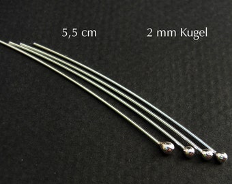 4 grosse Kugelstifte 0,8 mm  5,5 cm  925er Silber