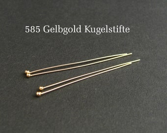 Real gold ball pins, 585 yellow gold, 14K solid gold, thin eye pins, length selectable