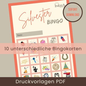 Silvester Bingo Partyspiel PDF 10 Bingokarten für Kinder & Erwachsene druckbare Datei Familienspiel Neujahrsspass deutsch