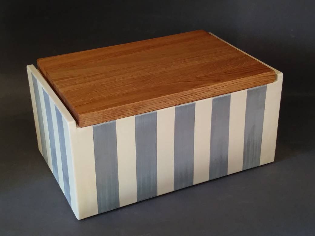 Large Ceramic Bread Bin With Wooden Lid, Gray Stripes Decor, Bread Bin