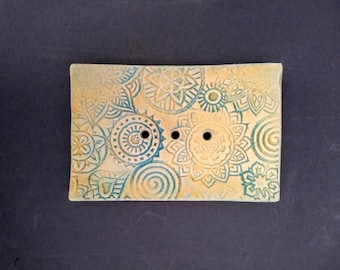 Ceramic soap dish "Mandala" yellow-turquoise, soap dish for bathroom and kitchen, ceramic tile with stamp relief