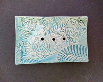 Soap dish "Fish", light turquoise glaze, hand-shaped unique item for the kitchen and bathroom