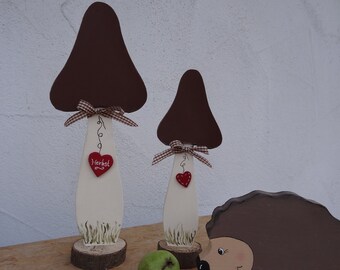 Lovingly painted brown wooden mushrooms, 2 parts