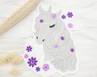 Patch Grand XL Licorne Cône Scolaire Anniversaire Fleurs Violet Violet Clair Bouton Application Maternelle Filles Pâques Scolarisation Câlin