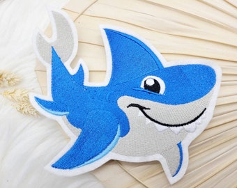 XL shark, patch on request sewing application animals marine animal sea boy school cone kindergarten girl school enrollment embroidered blue