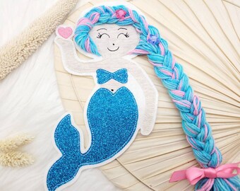 Mermaid sea fin glitter braided turquoise pink school cone patch sewing application kindergarten girl school enrollment heart