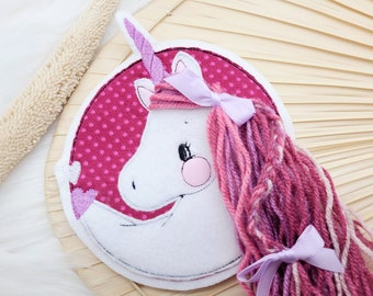 Aufnäher XL Einhorn helllila beere Herzen  Pferd Button  Einschulung Schultüte Patch  Nähen Applikation  Kindergarten Mädchen  Einschulung