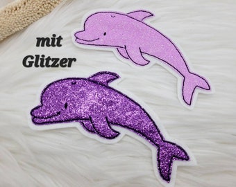 XL Delfin oder Kleiner Delfin  Patch Aufnäher   Applikation  Kindergarten Mädchen  Einschulung Meer Meerestier  lila Glitzer oder rosa