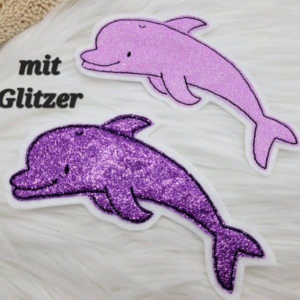 XL Delfin oder Kleiner Delfin  Patch Aufnäher   Applikation  Kindergarten Mädchen  Einschulung Meer Meerestier  lila Glitzer oder rosa