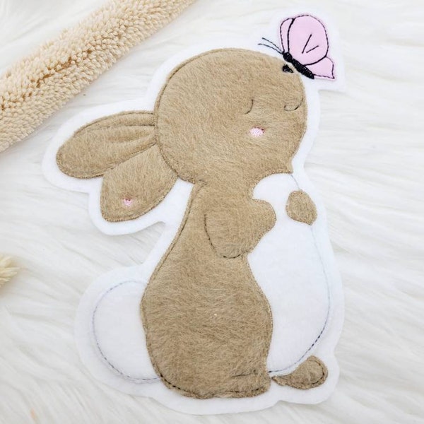 XL Hase  Patch Aufnäher  sanft braun Schmetterling Applikation  Kindergarten Mädchen Junge Einschulung Tiere  Kuschelig