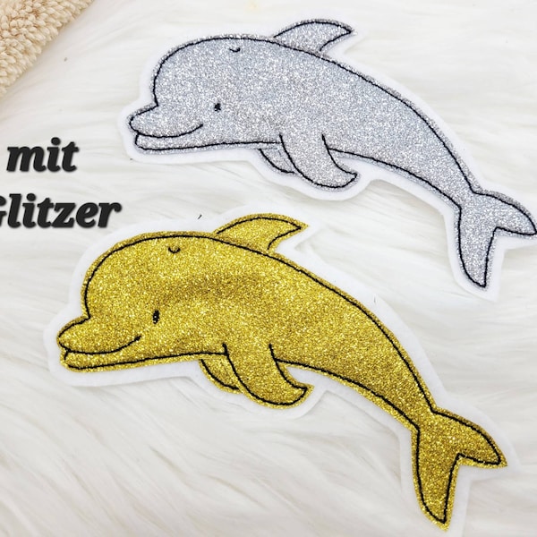 XL Delfin oder Kleiner Delfin  Patch Aufnäher   Applikation  Kindergarten Mädchen  Einschulung Meer Meerestier  Gold Glitzer oder silber