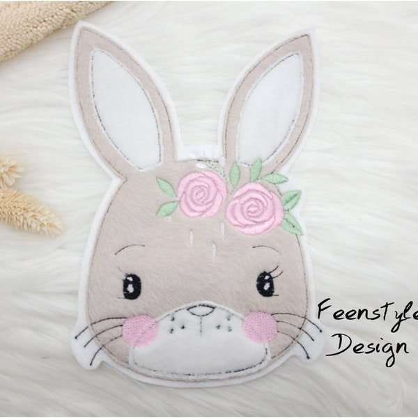 Aufnäher XL Hase   Patch hellbeige Rosen weiß  Nähen Applikation  Kindergarten Mädchen Ostern Einschulung  Kuschelig