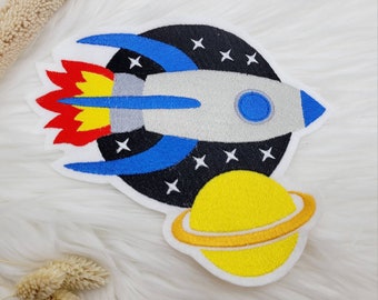Aufnäher Große XL  Rakete , Saturn Sterne oder kleiner Patch blau  Schultüte Geburtstag Applikation  Kindergarten Mädchen Ostern Einschulung