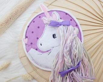 Aufnäher XL Einhorn lila , gelb weiß rosa  Pferd Button  Einschulung Schultüte Patch  Nähen Applikation  Kindergarten Mädchen  Einschulung