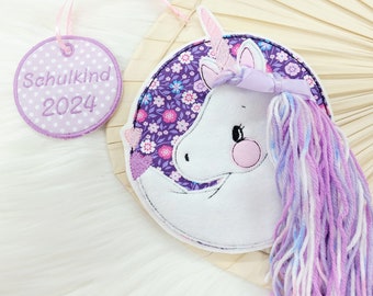 Komplettes Set Aufnäher XL Einhorn und Anhänger Einschulung Schultüte Patch Nähen lila Applikation  Kindergarten Mädchen  Pferd Einschulung