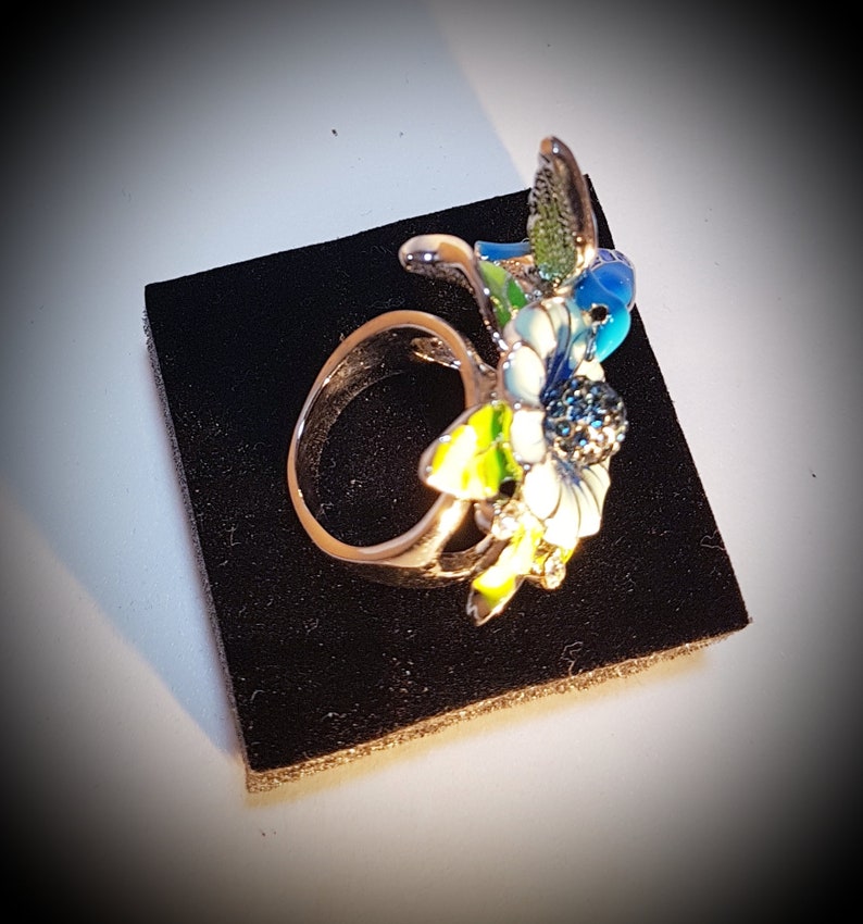 Ring Hummingbird Stainless Steel and enamel Vintage size 6.5 free shipping 169