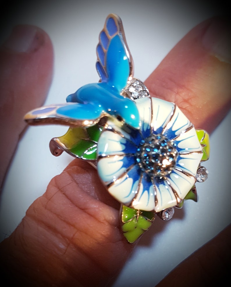 Ring Hummingbird Stainless Steel and enamel Vintage size 6.5 free shipping 169