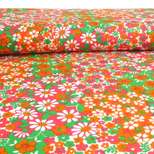 Tissu années 70 Coton « Carnaval des fleurs » Rouge-Vert Nouveau