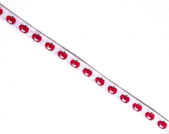 70s border woven ribbon "Little Apples" 10 mm white-red