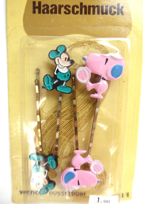 70s Hair Clips Hair Clamps snoopy Mickey 4 Piece Selection New