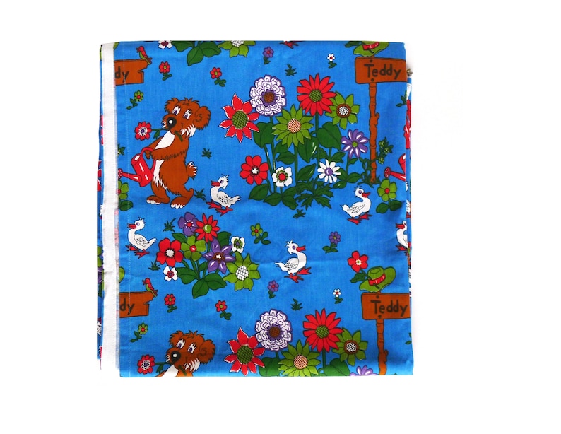 70er Kinder-Gardine Vorhang Teddy's Garten Blau 168x160 cm Bild 1