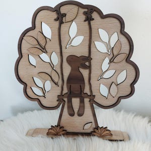 Fichier laser, fichier laser, découpe laser, arbre avec lapin à bascule, printemps, décoration de fenêtre pour Pâques