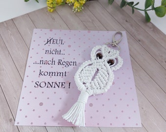 Makramee Schlüsselanhänger Eule mit coolem Spruch als Geschenk oder Give