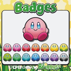 Op de afbeelding: Een verzameling kleurrijke badges met een roze stripfiguur met blauwe ogen en een glimlachende uitdrukking. Het woord "Badges" staat in het groen boven het personage. De achtergrond is geel met witte sterren en groene klavers.