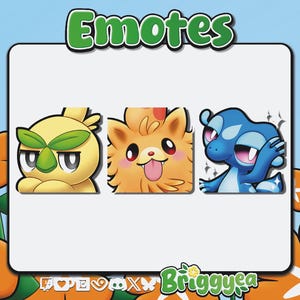 May include: A digital art graphic featuring three cartoon emotes: a yellow creature with green leaves, an orange cat with its tongue out, and a blue dragon-like character. The word "Emotes" is at the top. Orange flowers and a blue sky background.