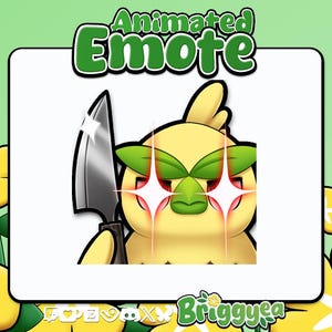 Op de afbeelding: Geanimeerde Emote met een gele cartoonfiguur met groene bladachtige wenkbrauwen en een groene neus, die een zilveren mes vasthoudt. Het personage heeft sprankelende ogen. De achtergrond is lichtgroen met gele bloemen. De tekst "Animated Emote" staat bovenaan.