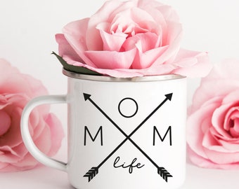 Une tasse d’émail #MOMLIFE avec une flèche, une tasse blanche avec le bord de la bouche d’argent, 300ml de remplissage, cadeau pour maman, cadeau pour la fête des mères,