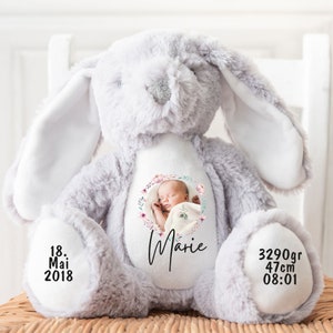 Kuscheltier personalisiert mit Name und Foto, Baby-Geschenk, Tauf-Geschenk, Plüschtier, Stofftier, Hase, Geburt, Erinnerung, Kinder, Taufe Bild 1