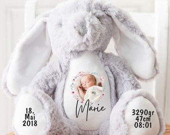 Kuscheltier personalisiert mit Name und Foto, Baby-Geschenk, Tauf-Geschenk, Plüschtier, Stofftier, Hase,  Geburt, Erinnerung, Kinder, Taufe