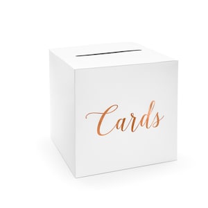 Umschlagbox-Karton weiß mit rosegoldmetallischer Inschrift "Cards" 24x24x24cm, Kartenbox