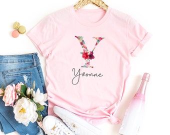 camiseta personalizada con nombre y letra Flowerbomb, regalo dama de honor mejor amiga mamá colega, regalo de Navidad