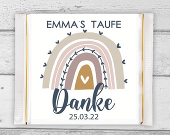 Schokoladen-Banderole mit Name für die Taufe, Kindergeburtstag, Hochzeit, Deko, Gast-Geschenk, mit Regenbogen, Tischkarte, personalisiert