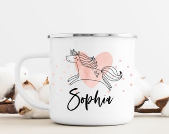 Taza infantil con unicornio y nombre personalizado, taza para beber, taza de esmalte, regalo de cumpleaños, niño, vuelta al cole, Navidad